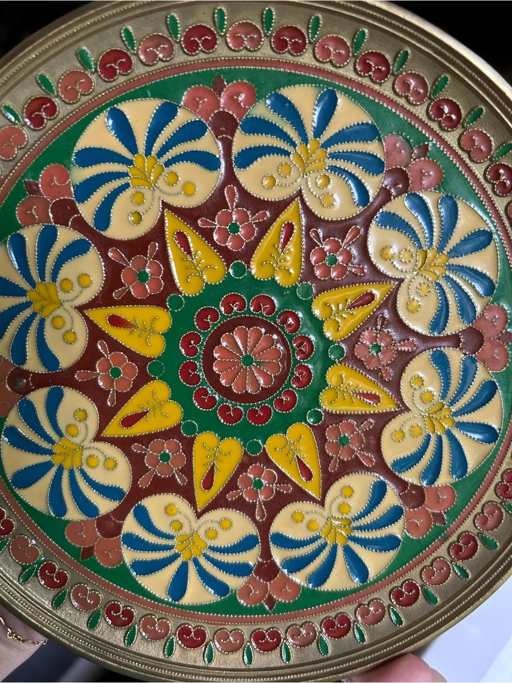 Vintage Indian Brass Champleve Enamel Wall Hanging Plate Floral Mandala Art